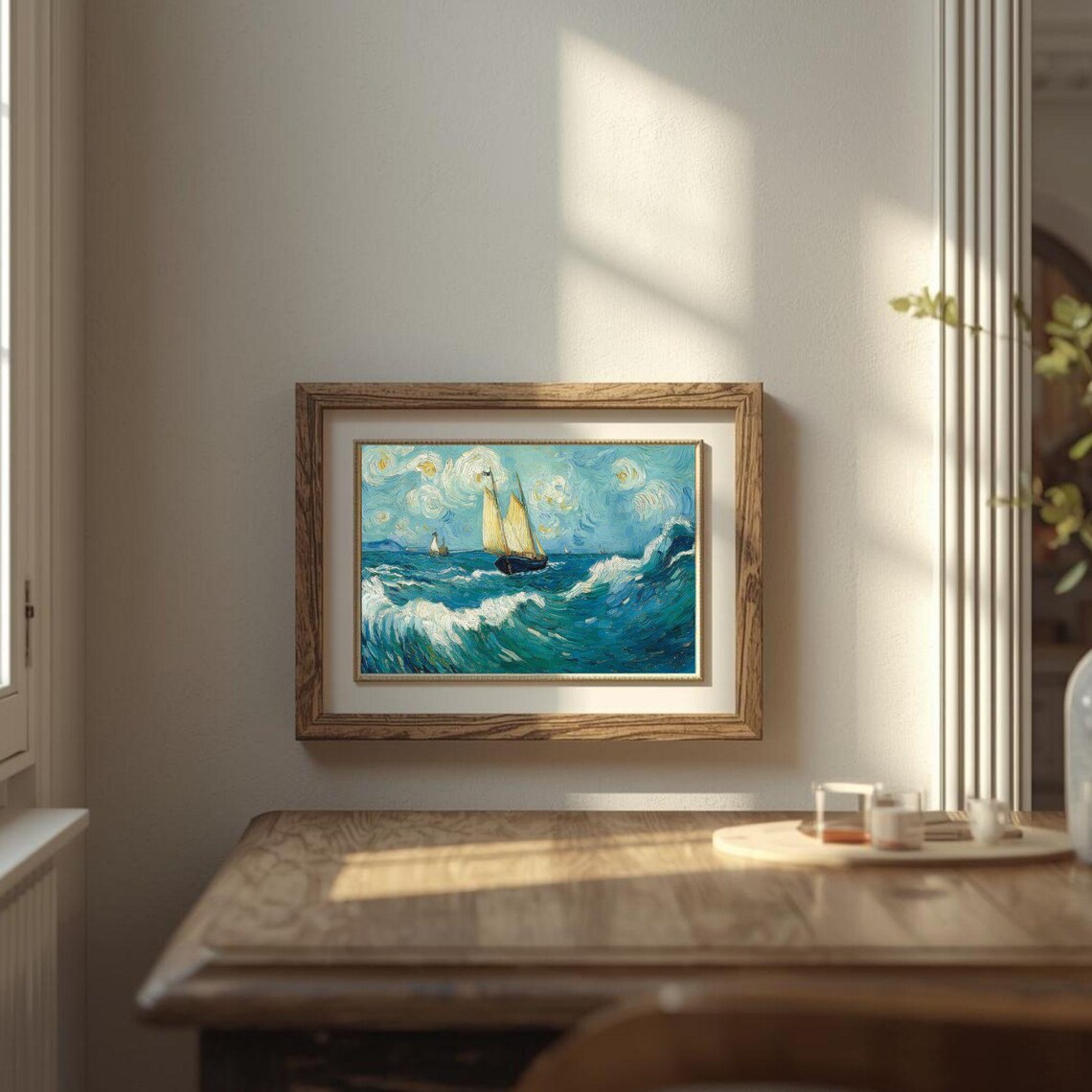Sailboat On Rolling Ocean Waves Swirling Sky Oil Style Art Print