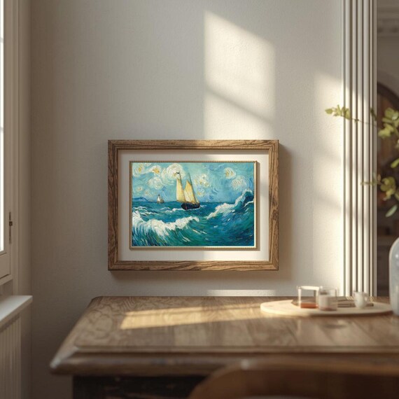 Sailboat On Rolling Ocean Waves Swirling Sky Oil Style Art Print