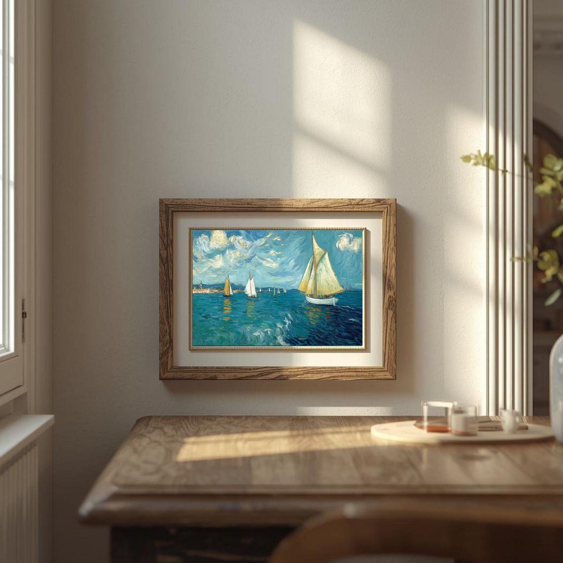 Van Gogh Style Sailboats on Turquoise Sea Impressionist Ocean Poster