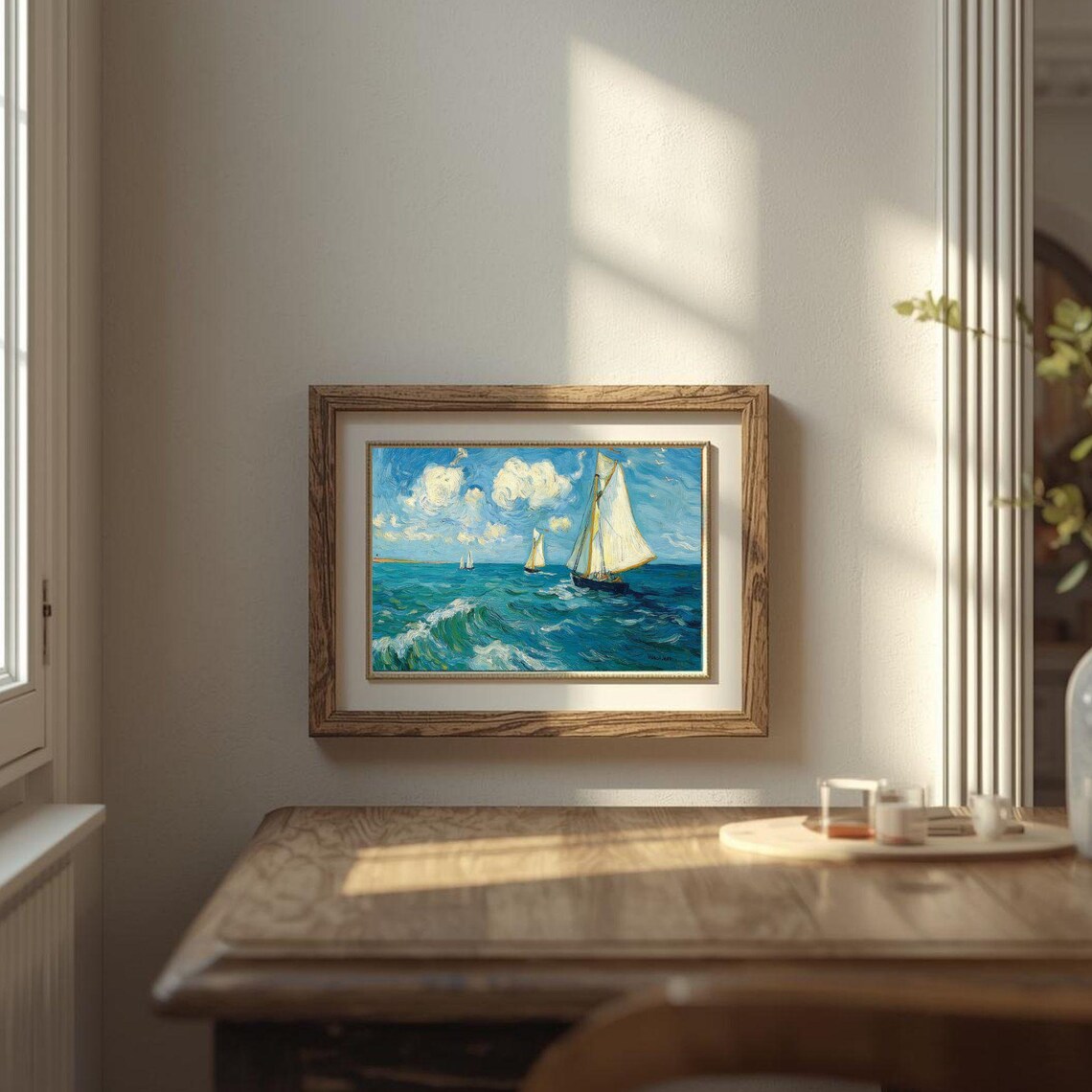 Sailboats On Blue Ocean Swirling Clouds Oil Style Nautical Art Print