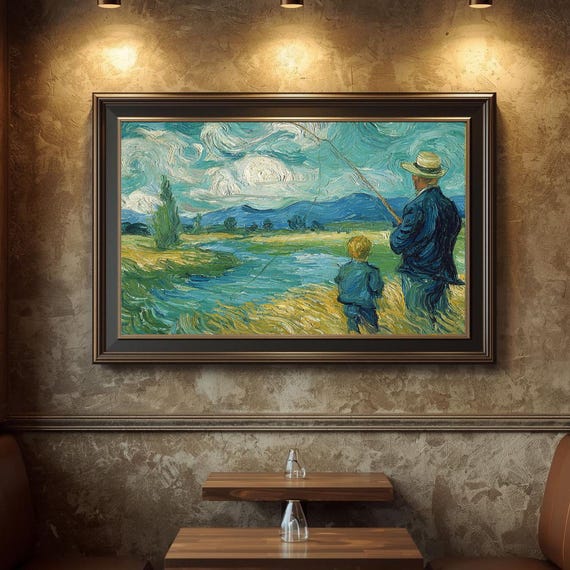Father And Son Fishing Print Pastoral Landscape Watercolor