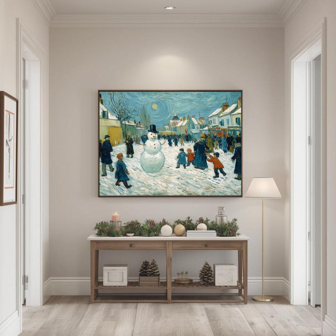 Snowman in Snowy Village Street Children Winter Scene Poster