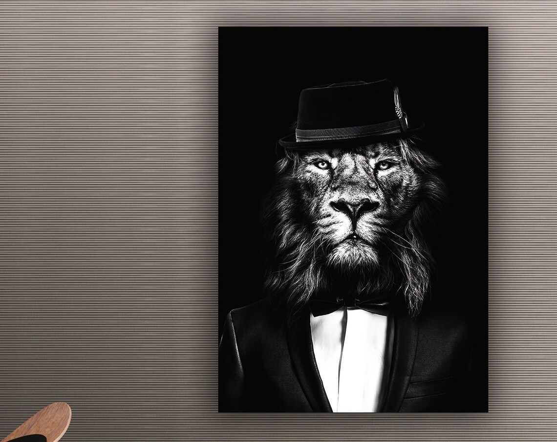 Lion In Suit And Hat Black White Funny Animal Portrait Poster - Image 3