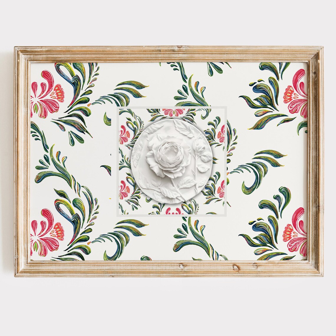 Porcelain Rose Medallion on Floral Botanical Wallpaper Art Poster