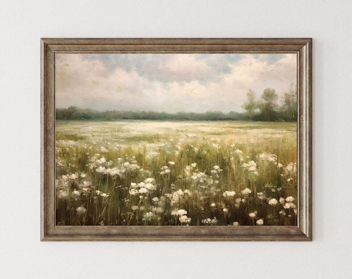 White Wildflower Meadow Soft Neutral Landscape Painting Poster