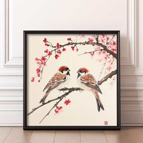 Japanese Wall Art Print Cherry Blossom Bird Painting Zen Nature Decor Asian Watercolor Illustration Vintage
