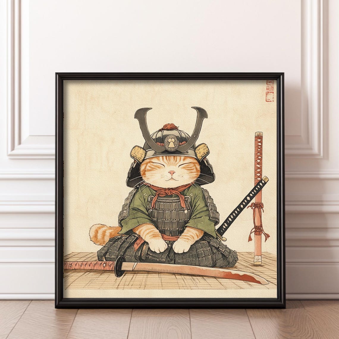 Samurai Cat Armor Katana Meditating Funny Japanese Warrior Poster