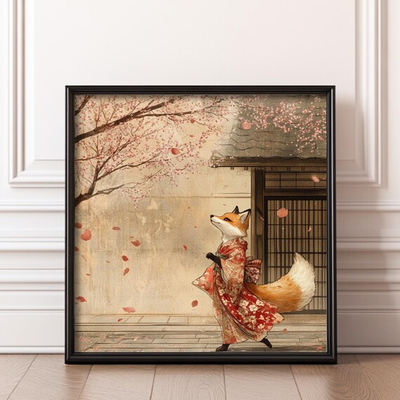 Fox In Red Kimono Cherry Blossom Street Cute Japanese Animal Poster