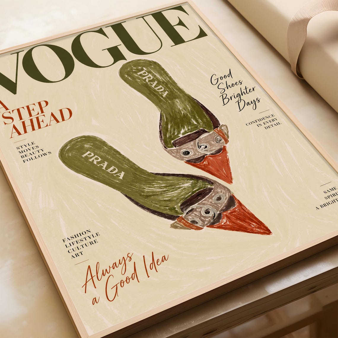Vintage Vogue Poster Designer Buckled Mules Fashion Sketch Print Olive Green Magazine Cover Trendy Closet Wall Art Decor - Image 4