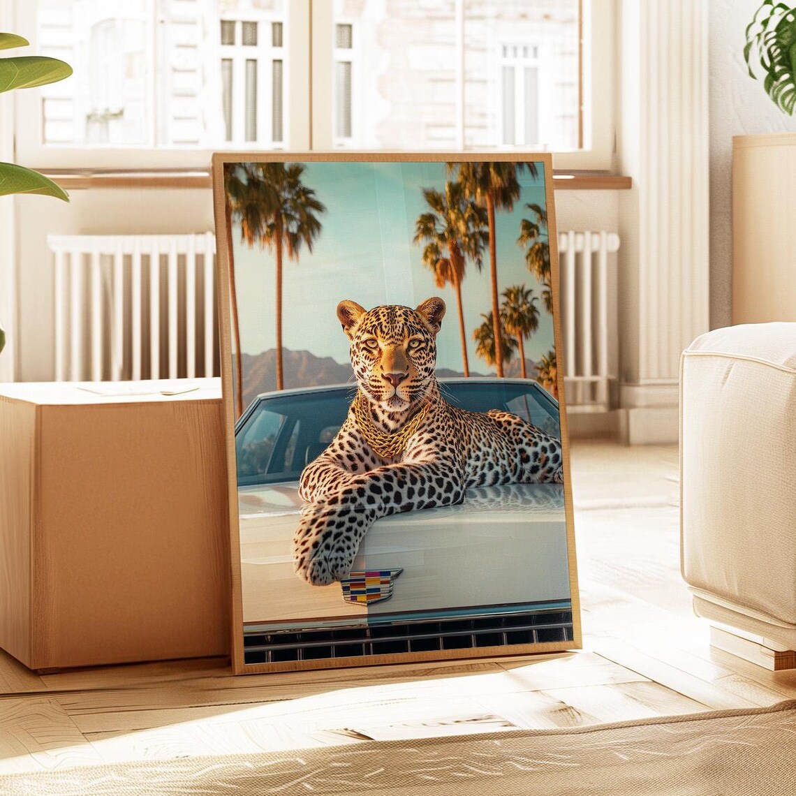 Leopard Resting On A White Cadillac Hood With Palm Trees Poster - Image 3