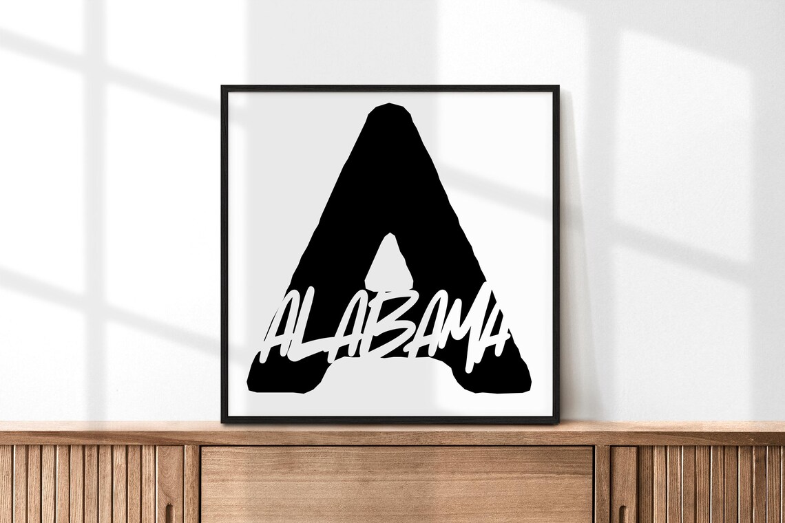Alabama Letter A Typography Poster Minimalist Black White State Wall Decor