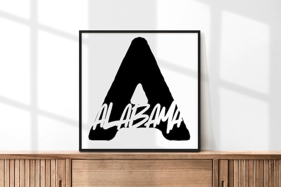 Alabama Letter A Typography Poster Minimalist Black White State Wall Decor