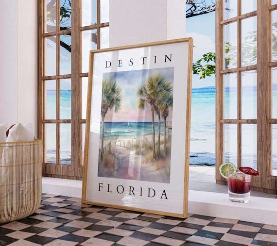 Destin Florida Watercolor Beach Palms Sailboat Coastal Poster