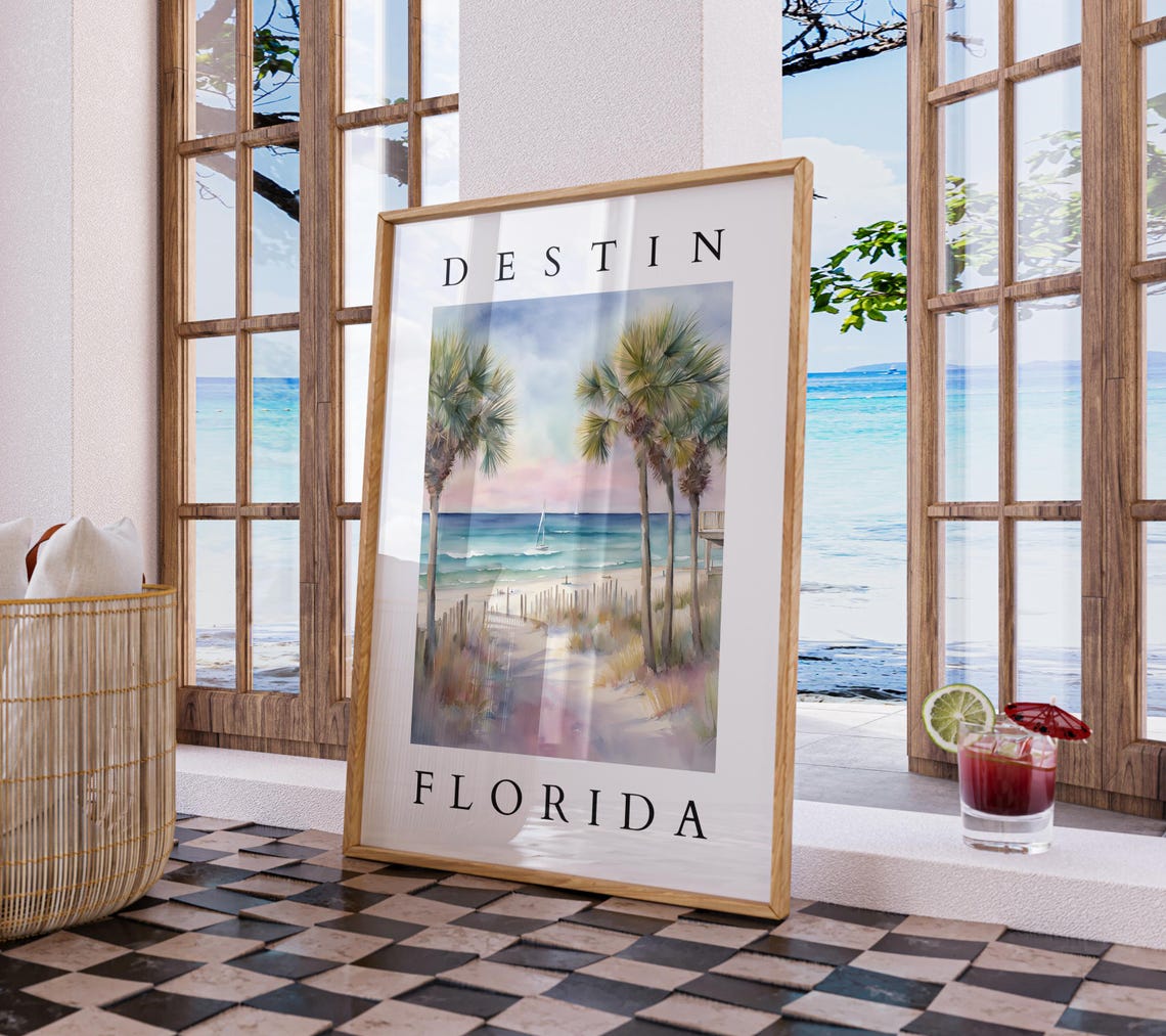 Destin Florida Watercolor Beach Palms Sailboat Coastal Poster