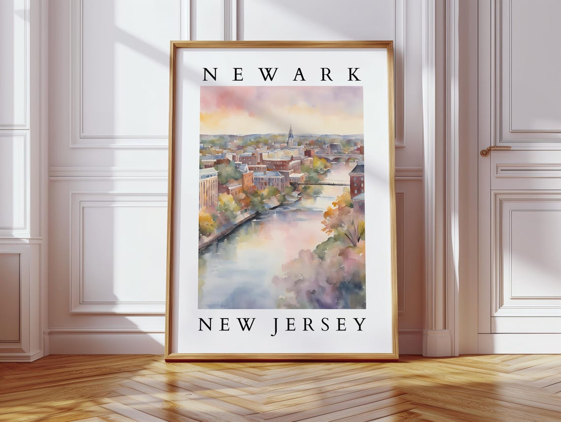 Newark New Jersey Watercolor River City Autumn Skyline Art Poster