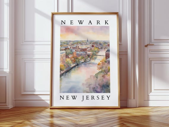 Newark New Jersey Watercolor River City Autumn Skyline Art Poster