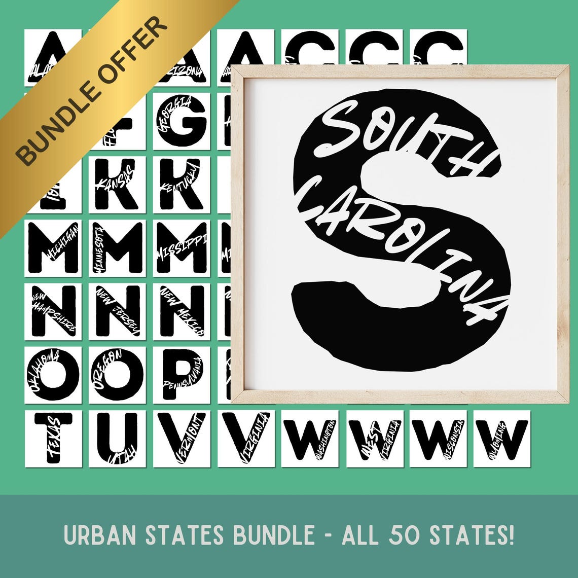 50 US States Letter Posters Bundle Minimalist Typography Wall Art Set