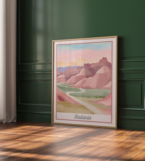 Badlands South Dakota Pink Rock Formations Winding Road Watercolor Poster