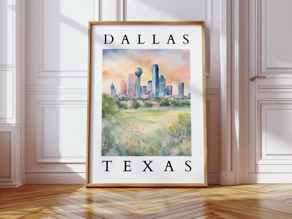 Dallas Texas Skyline Reunion Tower Wildflower Meadow Watercolor Poster