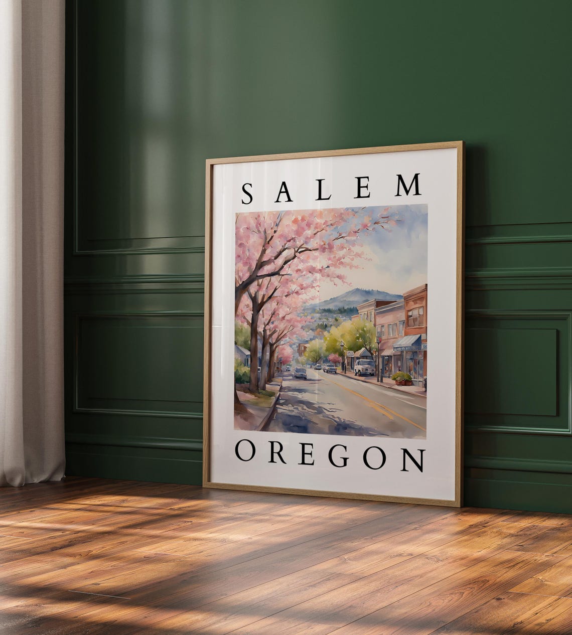 Salem Oregon Cherry Blossom Street Spring Watercolor Art Poster