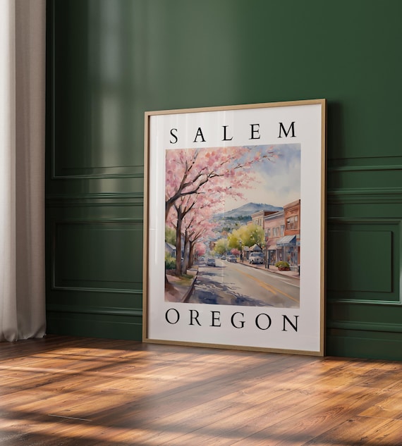 Salem Oregon Cherry Blossom Street Spring Watercolor Art Poster