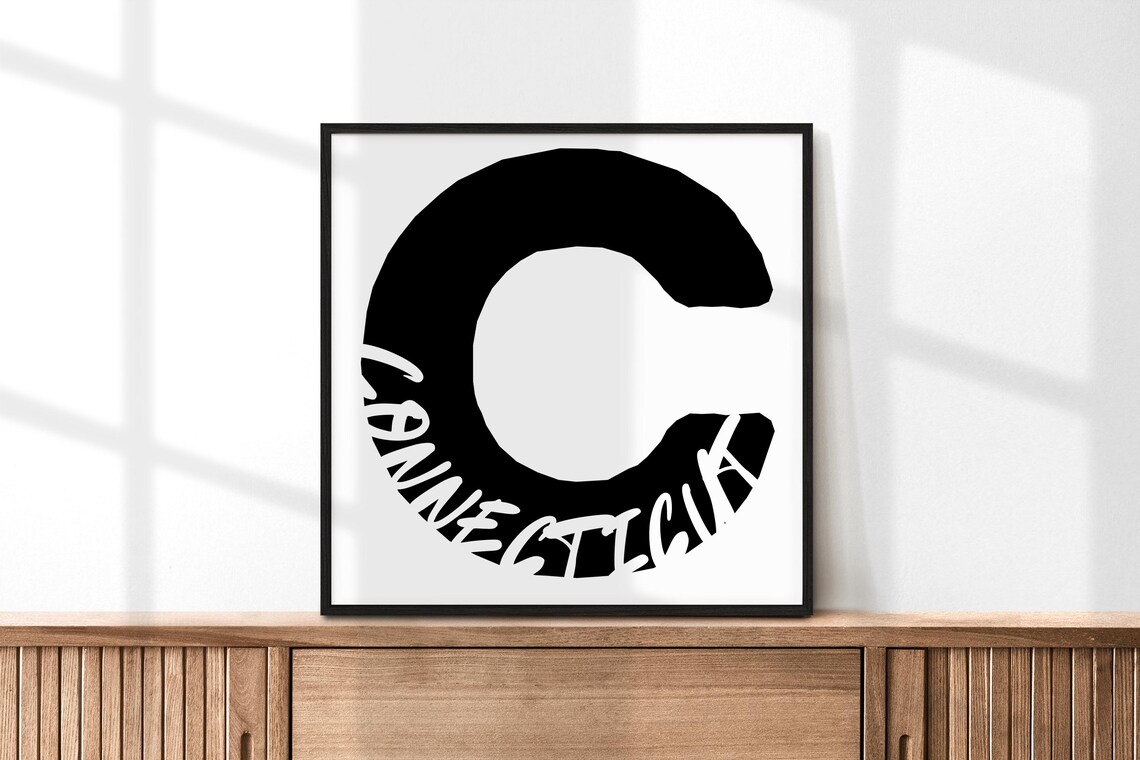 Connecticut Letter C Typography Poster Minimalist Black White State Wall Decor