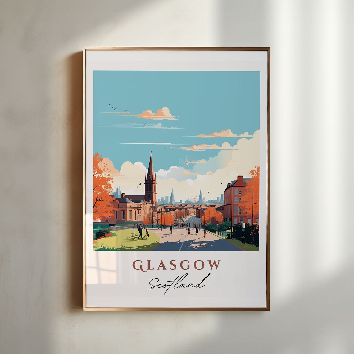 Glasgow Scotland Autumn Street City Skyline Vintage Style Poster