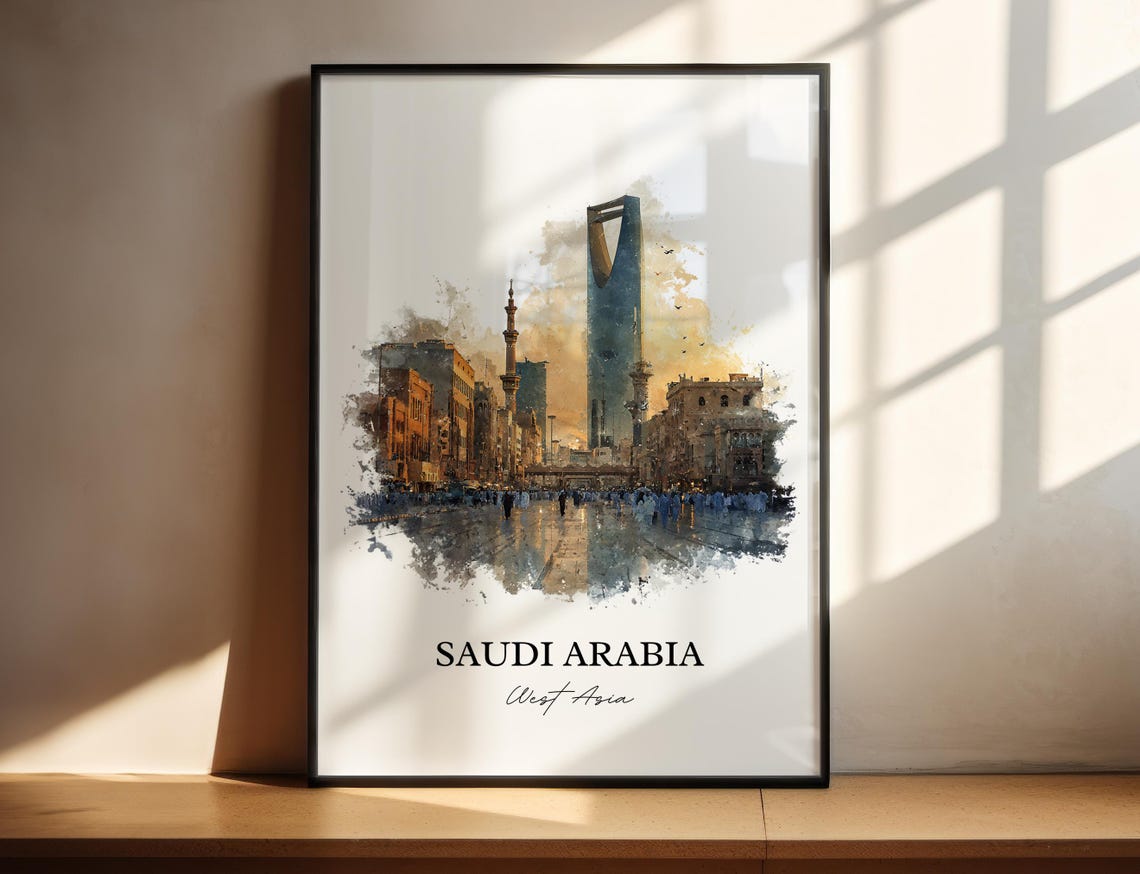 Saudi Arabia Riyadh Kingdom Centre Tower Watercolor Travel Poster