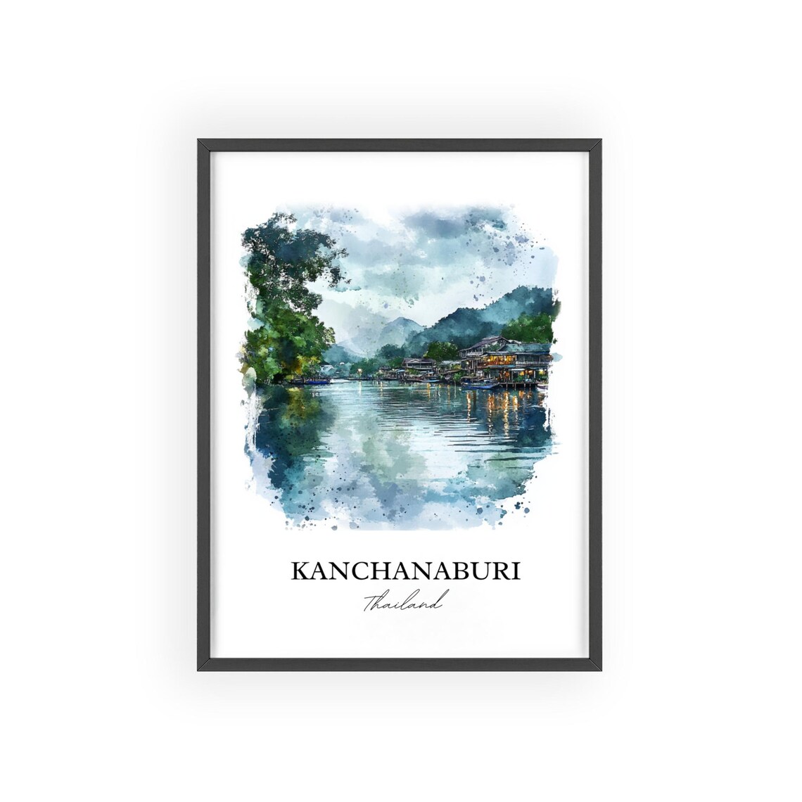 Kanchanaburi Thailand Watercolor River Houses Jungle Art Poster - Image 2