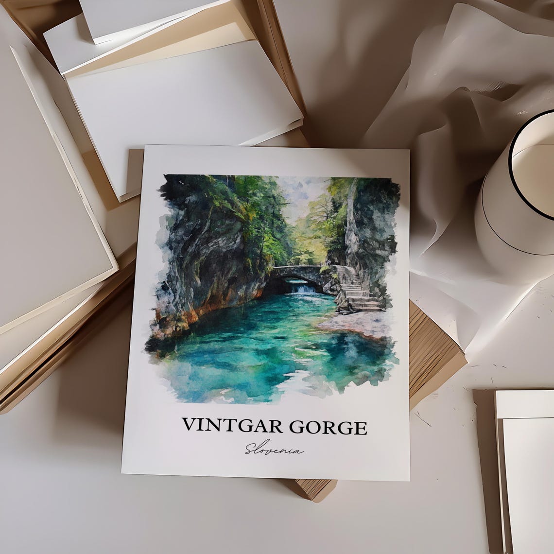 Vintgar Gorge Slovenia Watercolor Turquoise River Canyon Poster - Image 5