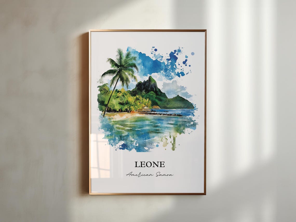 Leone American Samoa Palm Lagoon Mountain Watercolor Travel Poster - Image 4