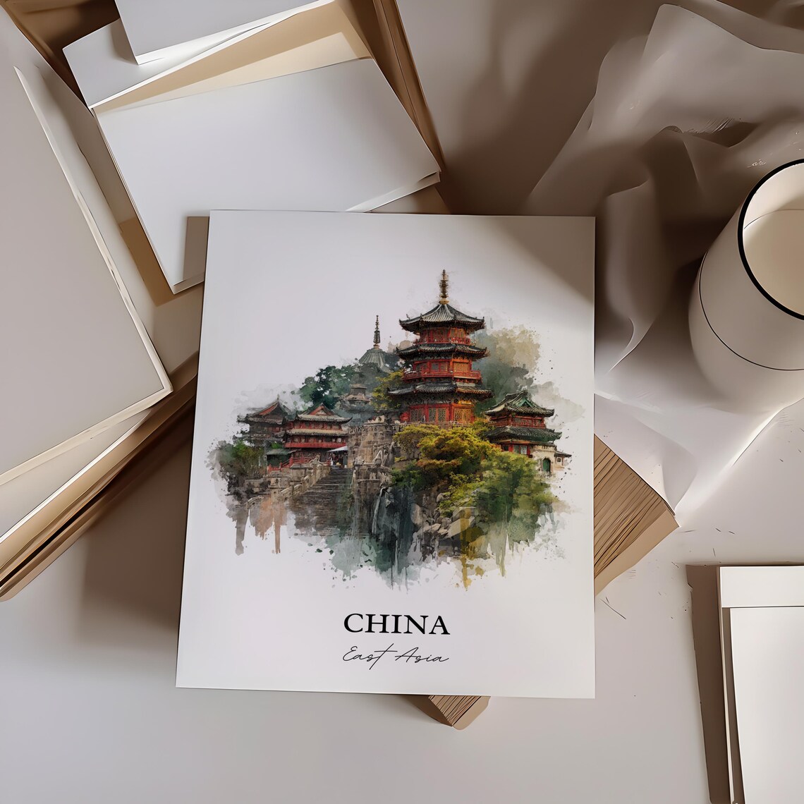 China East Asia Red Pagoda Temple Hill Watercolor Travel Poster - Image 2