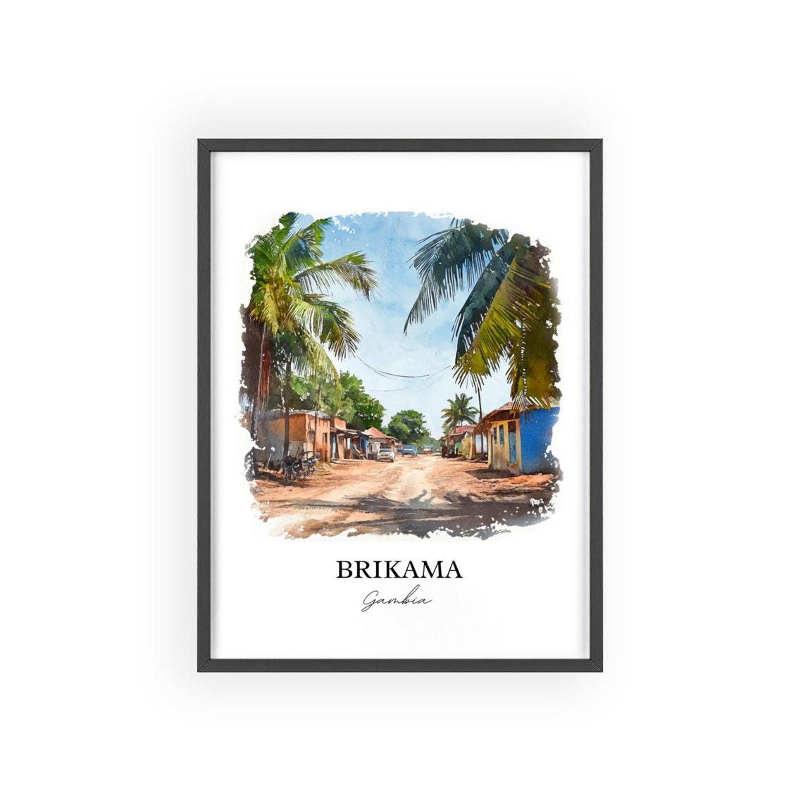 Brikama Gambia Village Road Palm Trees Watercolor Travel Poster - Image 2