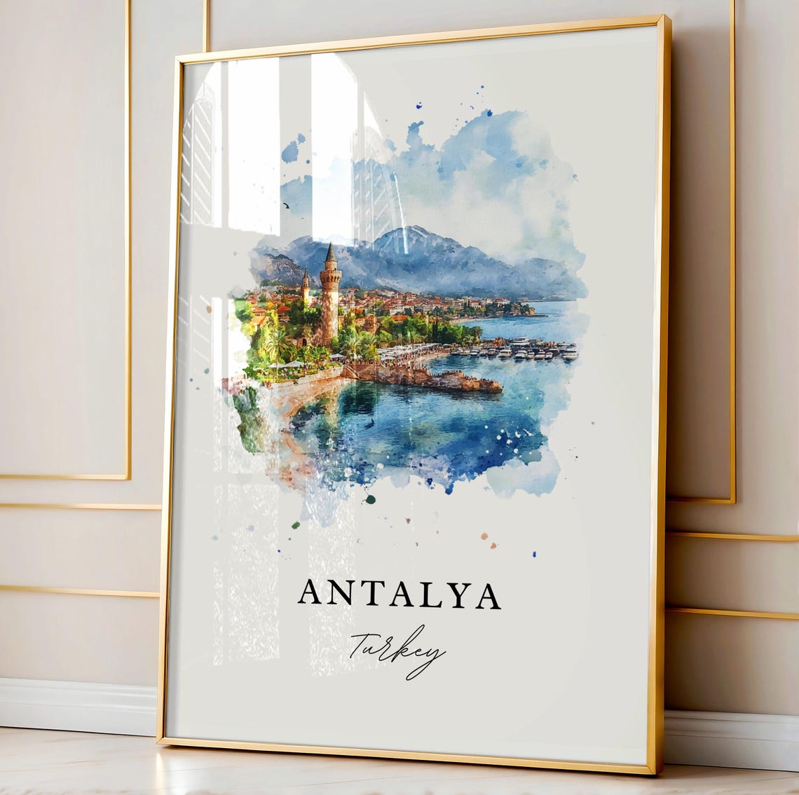 Antalya Turkey Watercolor Old Harbor Coast Mountain Travel Poster - Image 4