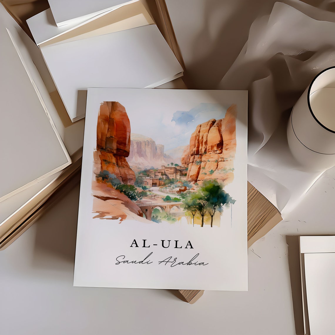 Al Ula Saudi Arabia Watercolor Red Rock Desert Canyon Oasis Poster - Image 6