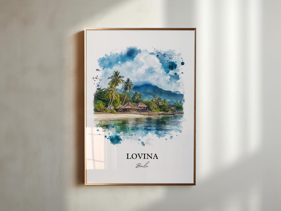 Lovina Bali Watercolor Palm Beach Mountain Bay Sunset Poster - Image 6