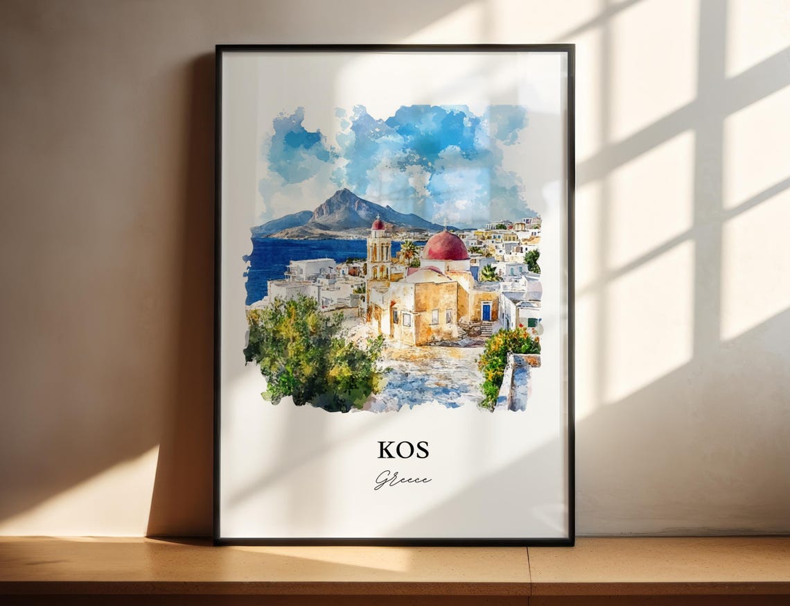 Kos Greece Island Whitewashed Town Dome Church Watercolor Poster