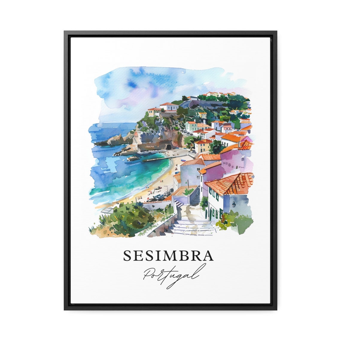 Sesimbra Portugal Coastal Beach Town Watercolor Cliffside Poster - Image 3