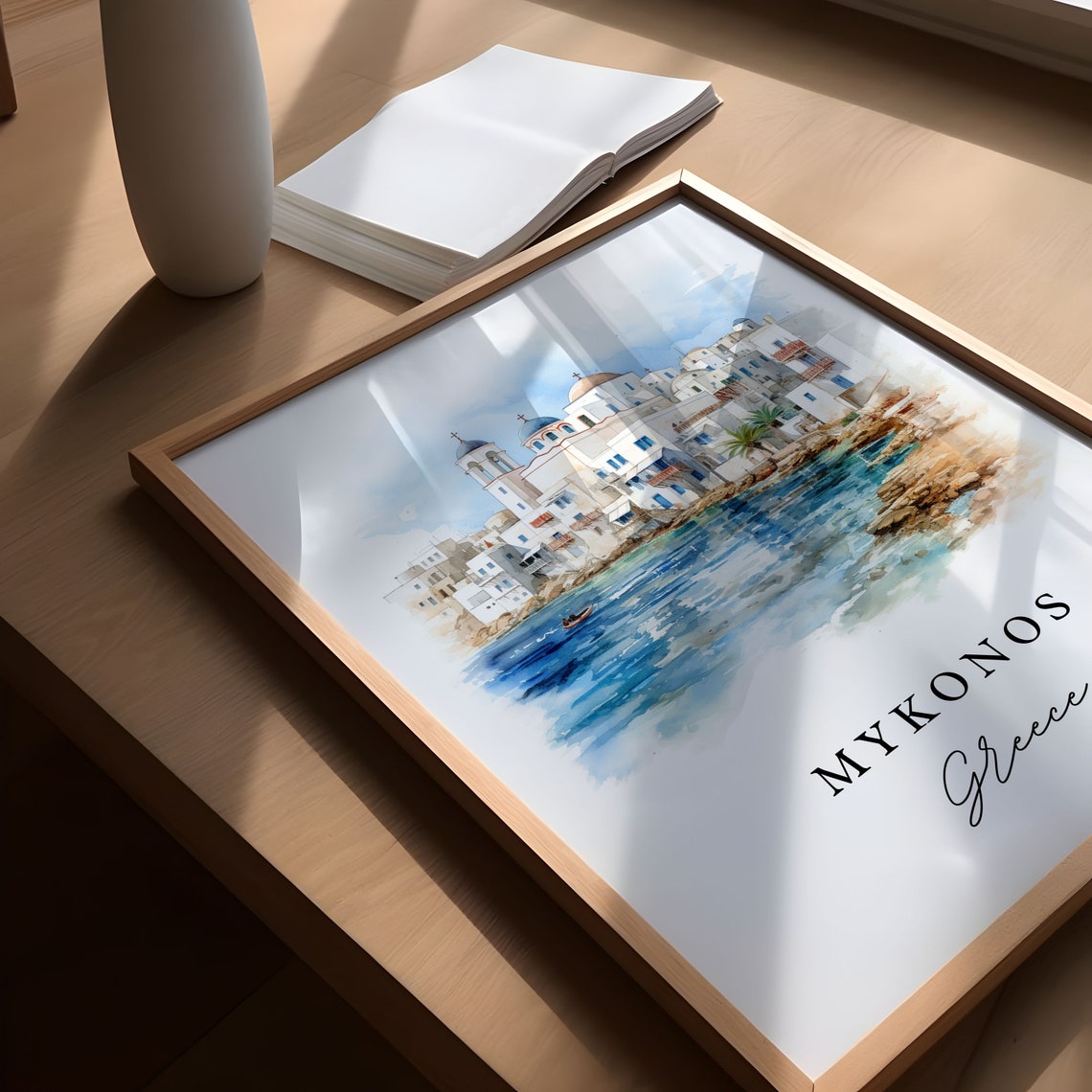 Mykonos Greece Whitewashed Town Blue Domes Watercolor Poster - Image 5