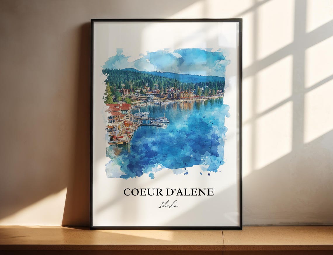 Coeur d'Alene Idaho Lakefront Harbor Watercolor Travel Poster