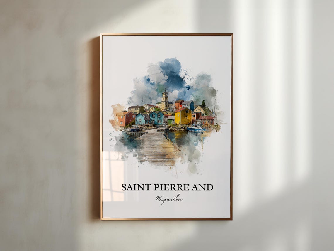 Saint Pierre and Miquelon Watercolor Fishing Village Harbor Poster - Image 5