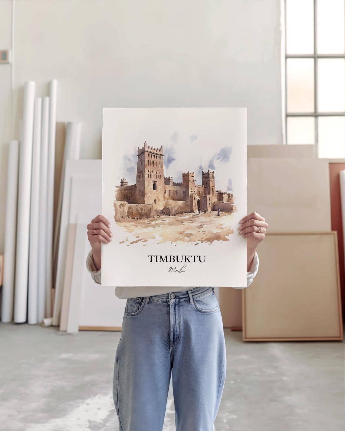 Timbuktu Mali Ancient Mosque Towers Desert Watercolor Poster - Image 3