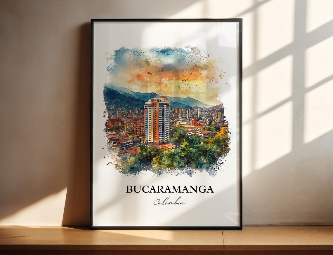 Bucaramanga Colombia Watercolor Sunset City Mountains Poster