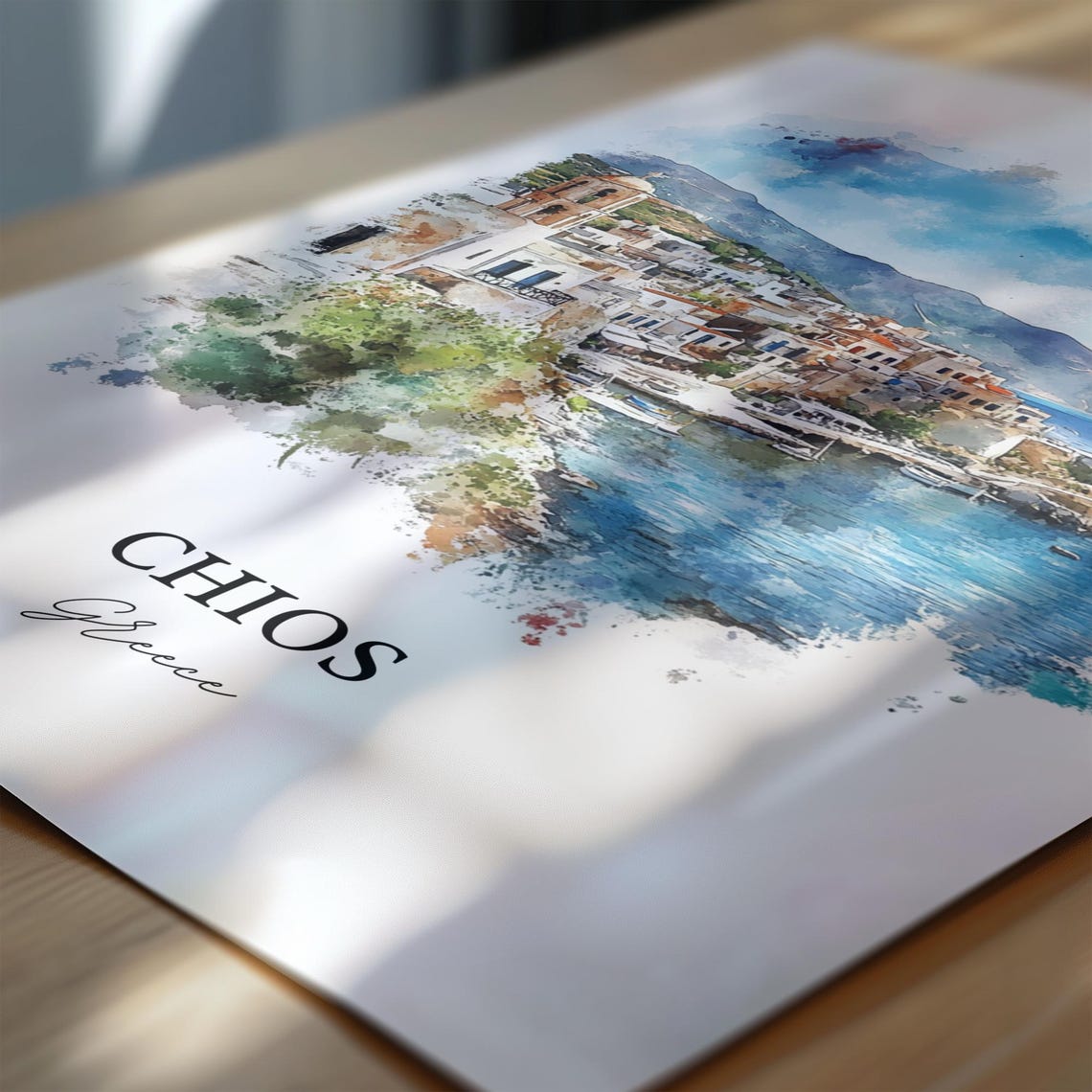 Chios Greece Watercolor Coastal Harbor Church Seaside Town Poster - Image 2