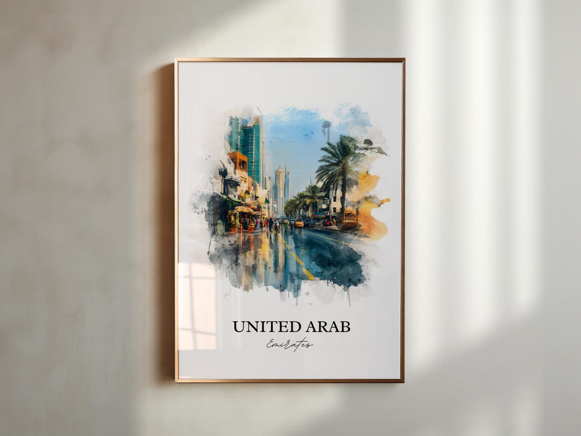 United Arab Emirates Watercolor Art Palm Avenue Skyline Poster - Image 3