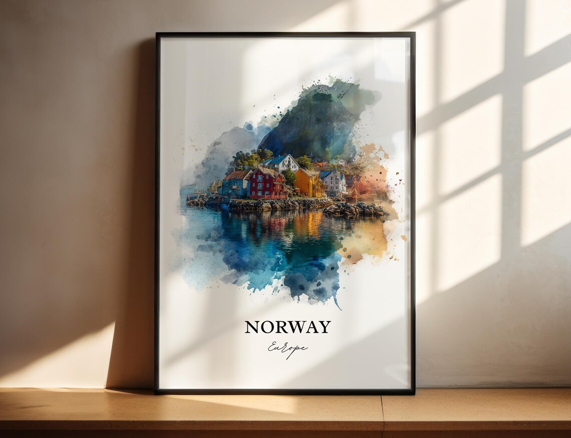 Norway Fishing Village Colorful Cabins Watercolor Fjord Poster
