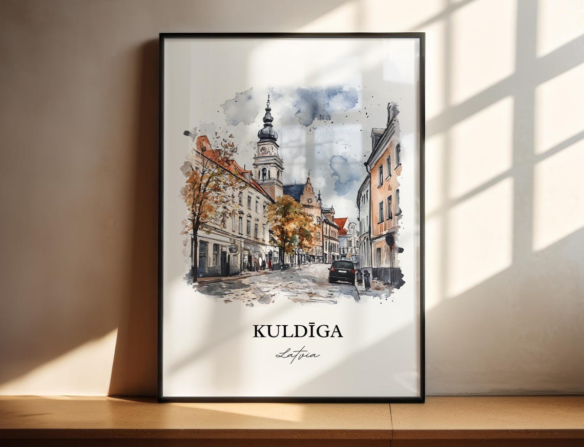 Kuldiga Latvia Historic Old Town Street Watercolor Travel Poster