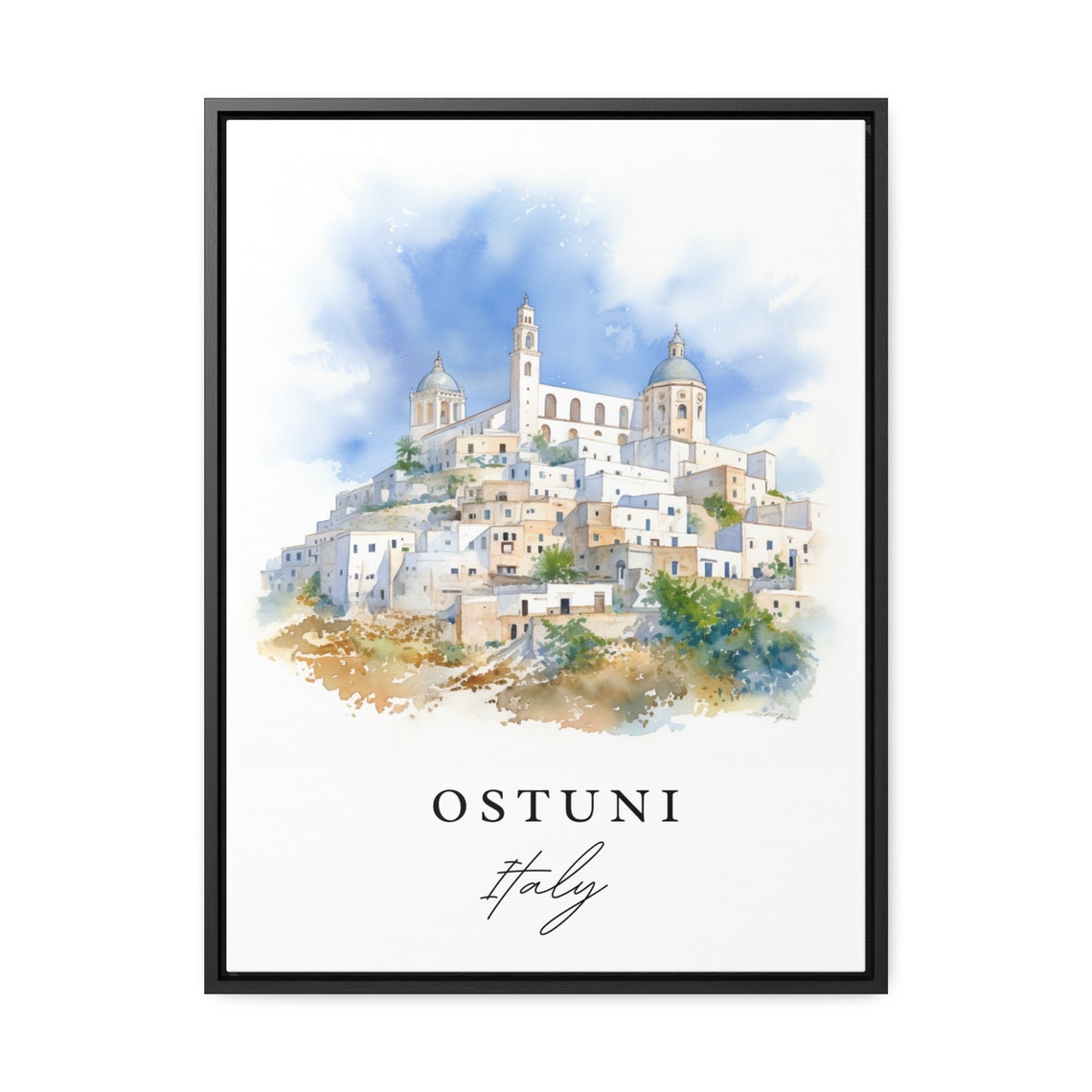 Ostuni Italy Watercolor White Hilltop Town Cathedral Puglia Poster