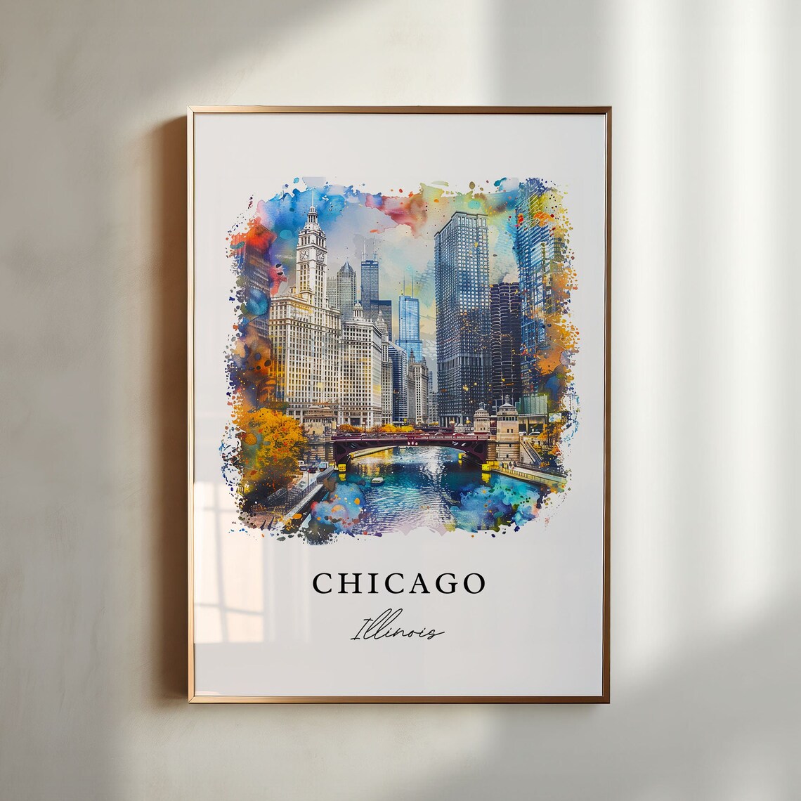 Chicago, Illinois Watercolor Travel Poster Art Print