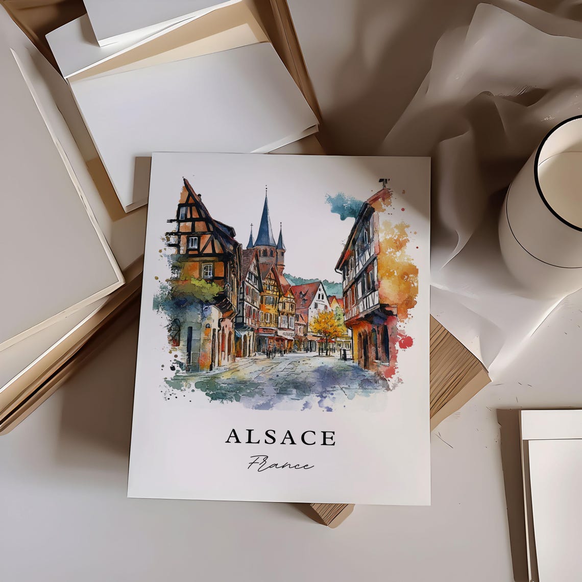 Alsace France Watercolor Travel Poster, Rhine River - Image 2